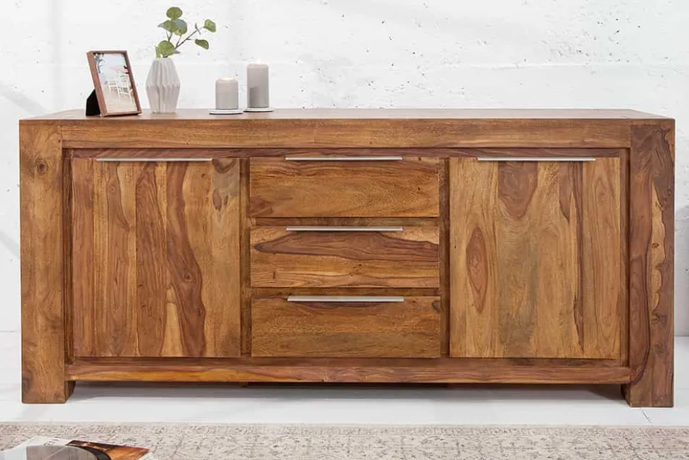 Massivholz Sideboard MAKASSAR 175cm braun Sheesham stone finish Kommode mit Schubladen