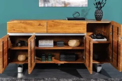 Massivholz Sideboard MAMMUT 170cm Akazie Baumkante mit Schubladen Kufengestell Edelstahl