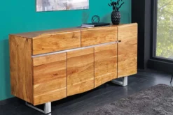 Massivholz Sideboard MAMMUT 170cm Akazie Baumkante mit Schubladen Kufengestell Edelstahl