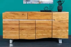 Massivholz Sideboard MAMMUT 170cm Akazie Baumkante mit Schubladen Kufengestell Edelstahl