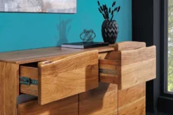 Massivholz Sideboard MAMMUT 135cm Akazie Kommode mit Schubladen Baumkante Edelstahl