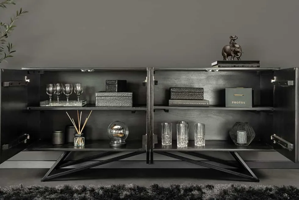 Massivholz Sideboard MOUNTAIN SOUL 175cm grau grün Naturstein Akazie schwarz