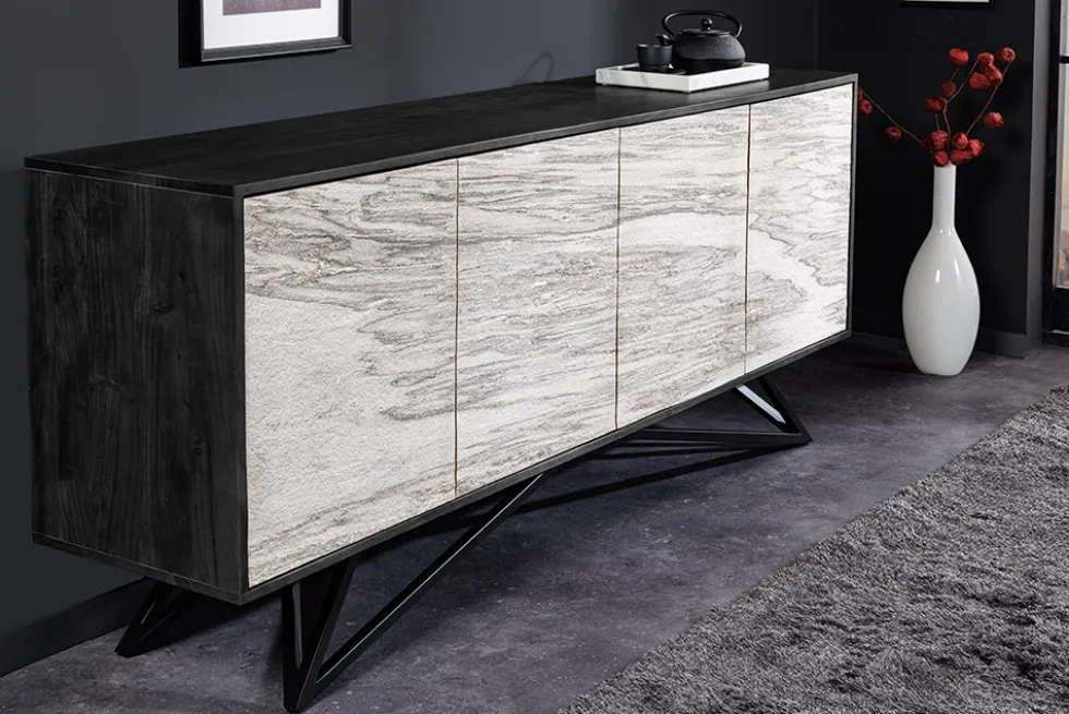 Massivholz Sideboard MOUNTAIN SOUL 175cm weiß schwarz Akazie echter Naturstein