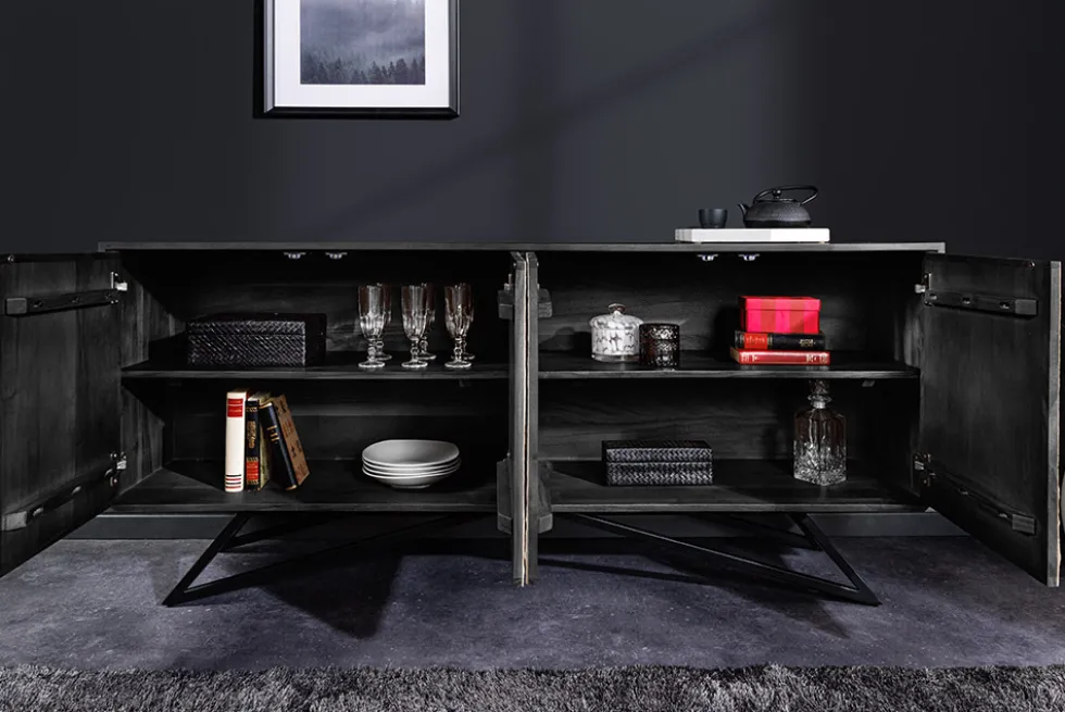 Massivholz Sideboard MOUNTAIN SOUL 175cm weiß schwarz Akazie echter Naturstein