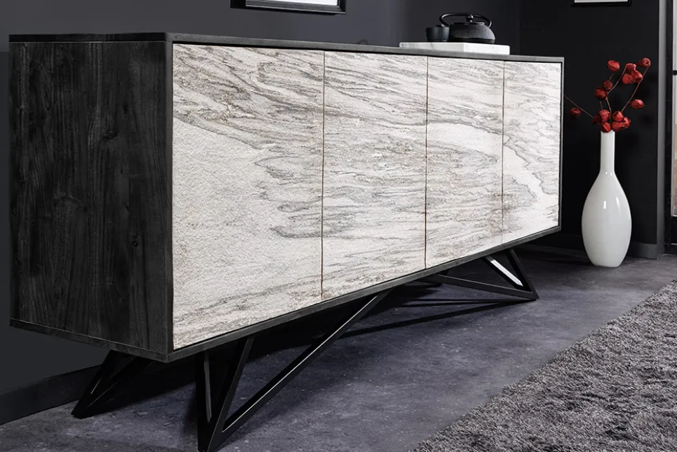 Massivholz Sideboard MOUNTAIN SOUL 175cm weiß schwarz Akazie echter Naturstein