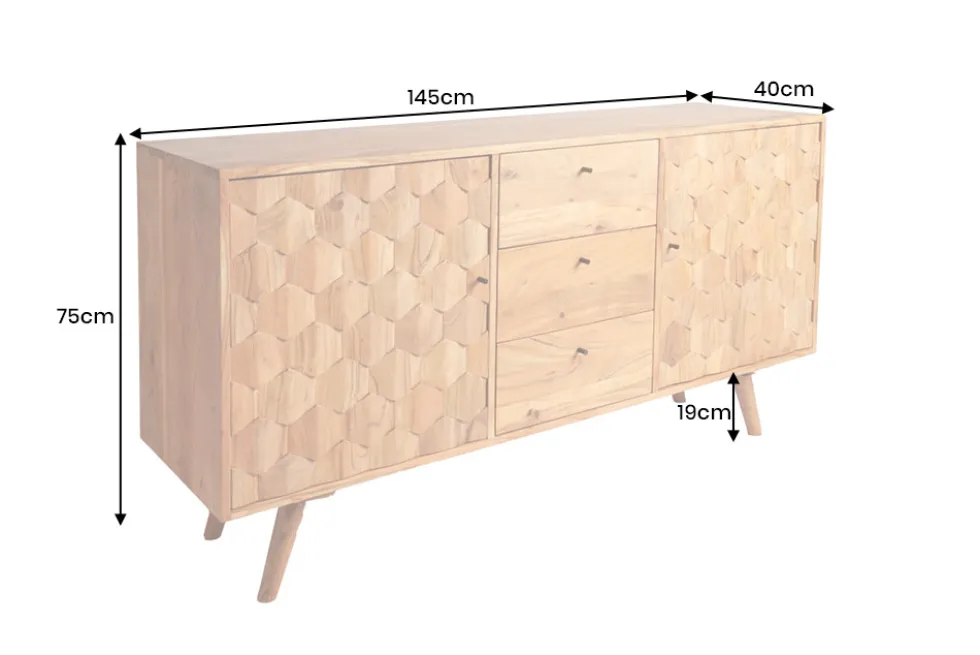 Massivholz Sideboard MYSTIC LIVING 145cm Akazie natur Kommode mit Schubladen 3D-Design