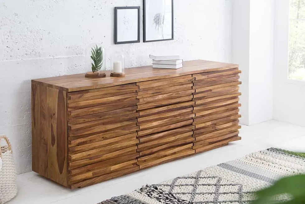 Massivholz Sideboard RELIEF 160cm braun Sheesham stone finish Kommode mit Schubladen