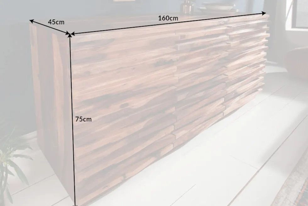 Massivholz Sideboard RELIEF 160cm braun Sheesham stone finish Kommode mit Schubladen