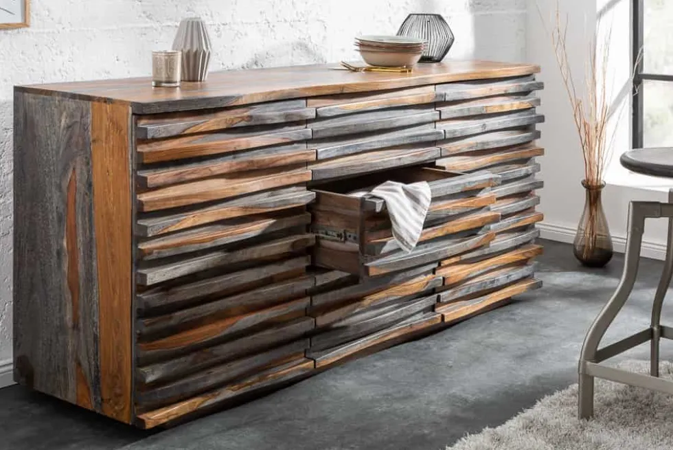 Massivholz Sideboard RELIEF 160cm Sheesham grau smoke finish Kommode mit Schubladen