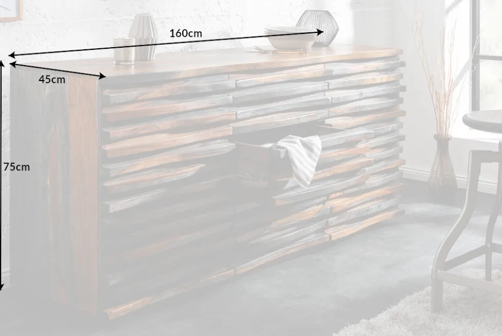 Massivholz Sideboard RELIEF 160cm Sheesham grau smoke finish Kommode mit Schubladen