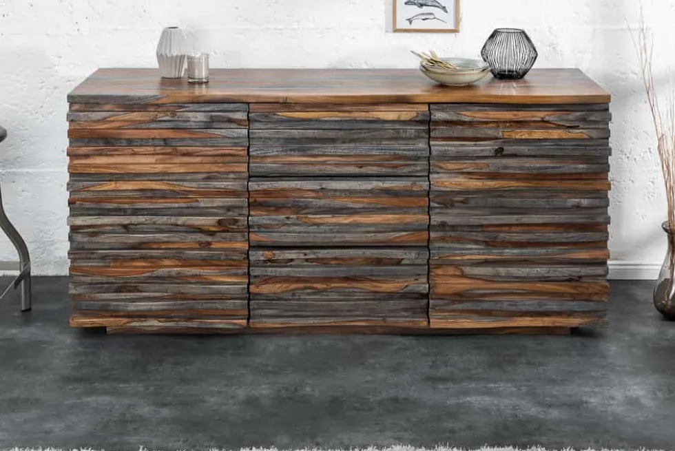 Massivholz Sideboard RELIEF 160cm Sheesham grau smoke finish Kommode mit Schubladen