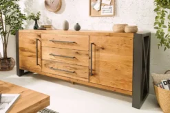 Massivholz Sideboard THOR 200cm mit Schubladen natur Wildeiche geölt Metall schwarz