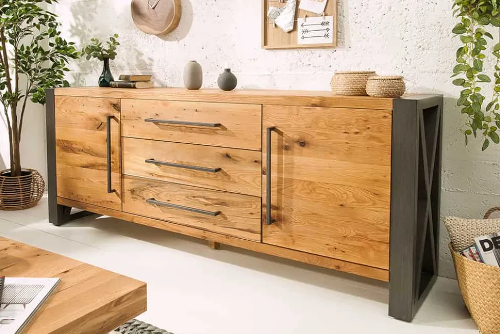 Massivholz Sideboard THOR 200cm mit Schubladen natur Wildeiche geölt Metall schwarz