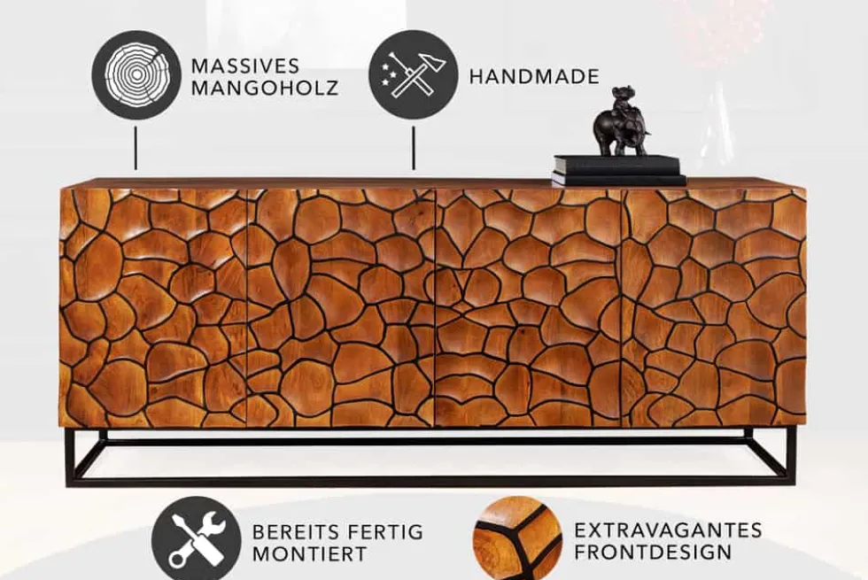 Massivholz Sideboard VULCANO 180cm braun Mangoholz mit 3D Schnitzereien handmade Metallgestell schwarz