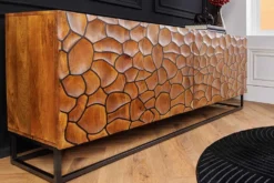 Massivholz Sideboard VULCANO 180cm braun Mangoholz mit 3D Schnitzereien handmade Metallgestell schwarz