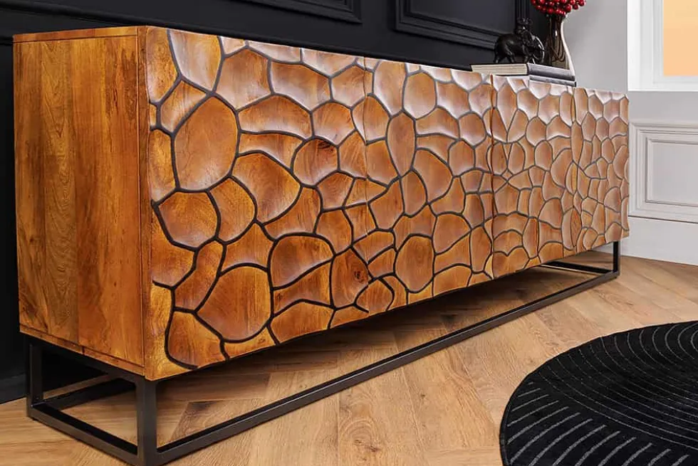 Massivholz Sideboard VULCANO 180cm braun Mangoholz mit 3D Schnitzereien handmade Metallgestell schwarz
