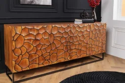 Massivholz Sideboard VULCANO 180cm braun Mangoholz mit 3D Schnitzereien handmade Metallgestell schwarz