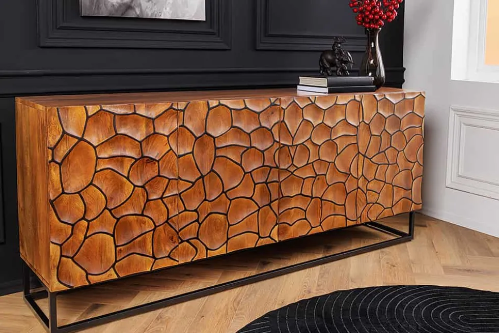 Massivholz Sideboard VULCANO 180cm braun Mangoholz mit 3D Schnitzereien handmade Metallgestell schwarz