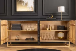 Massivholz Sideboard VULCANO 180cm weiß schwarz Mangoholz mit 3D Schnitzereien handmade Metallgestell gold