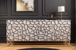 Massivholz Sideboard VULCANO 180cm weiß schwarz Mangoholz mit 3D Schnitzereien handmade Metallgestell gold