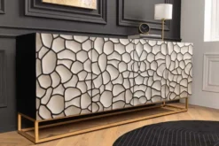 Massivholz Sideboard VULCANO 180cm weiß schwarz Mangoholz mit 3D Schnitzereien handmade Metallgestell gold
