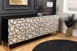 Massivholz Sideboard VULCANO 180cm weiß schwarz Mangoholz mit 3D Schnitzereien handmade Metallgestell gold