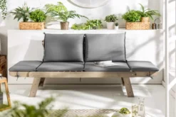 Massivholz Sitzbank MODULAR 155-190cm grau Akazie inkl. Kissen Gartenbank klappbar