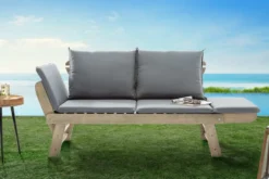 Massivholz Sitzbank MODULAR 155-190cm grau Akazie inkl. Kissen Gartenbank klappbar