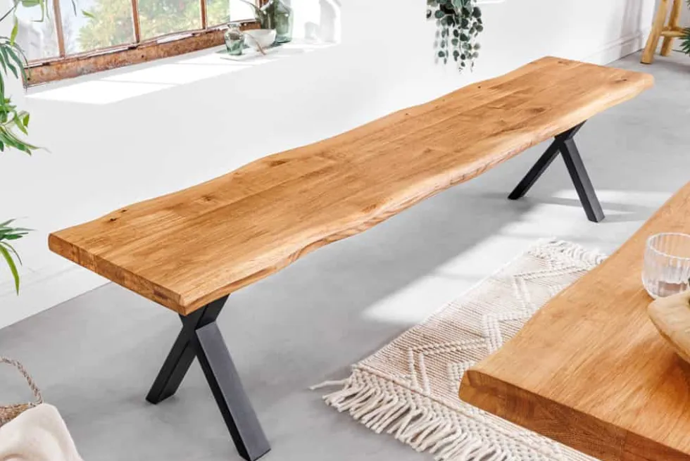 Massivholz Sitzbank WILD OAK 160cm Eiche Baumkante X-Gestell Industrial