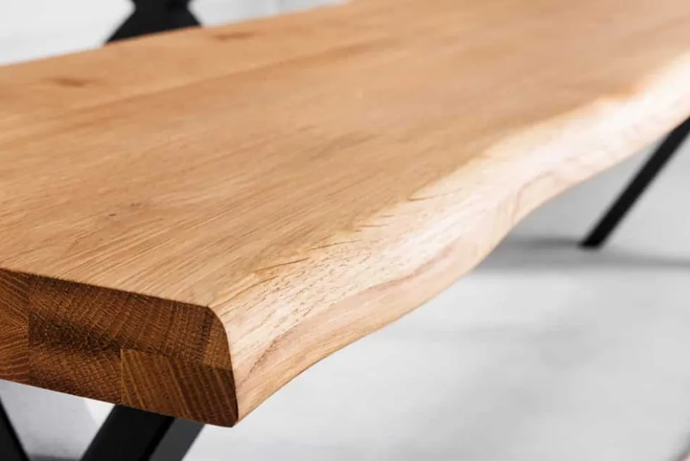 Massivholz Sitzbank WILD OAK 160cm Eiche Baumkante X-Gestell Industrial