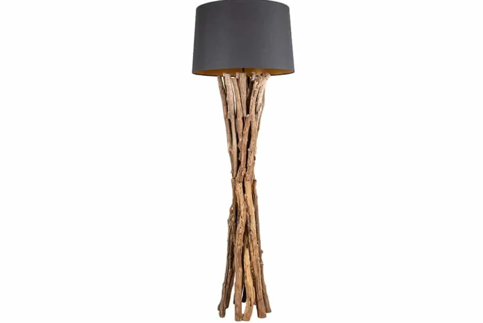 Massivholz Stehlampe HARMONY NATURE 151cm schwarz Teak mit Baumwollschirm