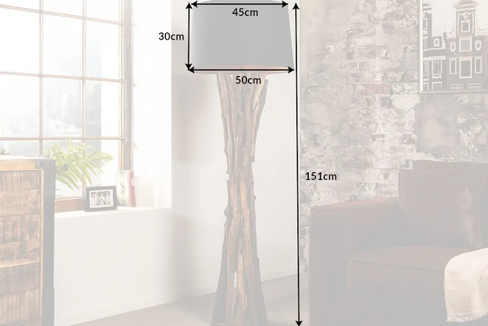 Massivholz Stehlampe HARMONY NATURE 151cm schwarz Teak mit Baumwollschirm