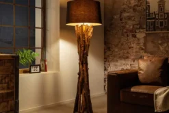 Massivholz Stehlampe HARMONY NATURE 151cm schwarz Teak mit Baumwollschirm