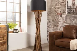 Massivholz Stehlampe HARMONY NATURE 151cm schwarz Teak mit Baumwollschirm