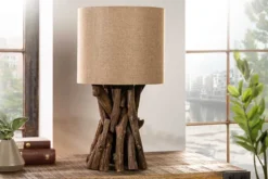 Massivholz Tischlampe HARMONY NATURE 50cm beige Teak mit Leinenschirm