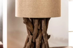 Massivholz Tischlampe HARMONY NATURE 50cm beige Teak mit Leinenschirm