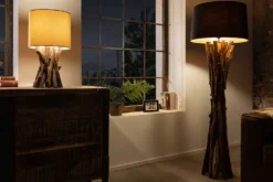Massivholz Tischlampe HARMONY NATURE 50cm beige Teak mit Leinenschirm