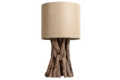 Massivholz Tischlampe HARMONY NATURE 50cm beige Teak mit Leinenschirm