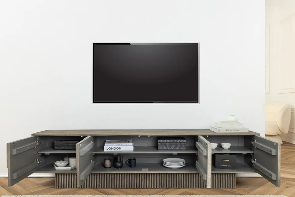 Massivholz TV-Lowboard ART DECO 200cm grau smoked Mangoholz 3D-Front