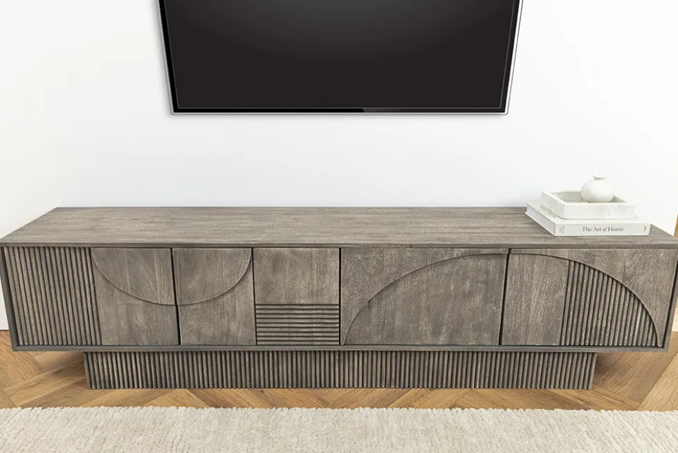 Massivholz TV-Lowboard ART DECO 200cm grau smoked Mangoholz 3D-Front