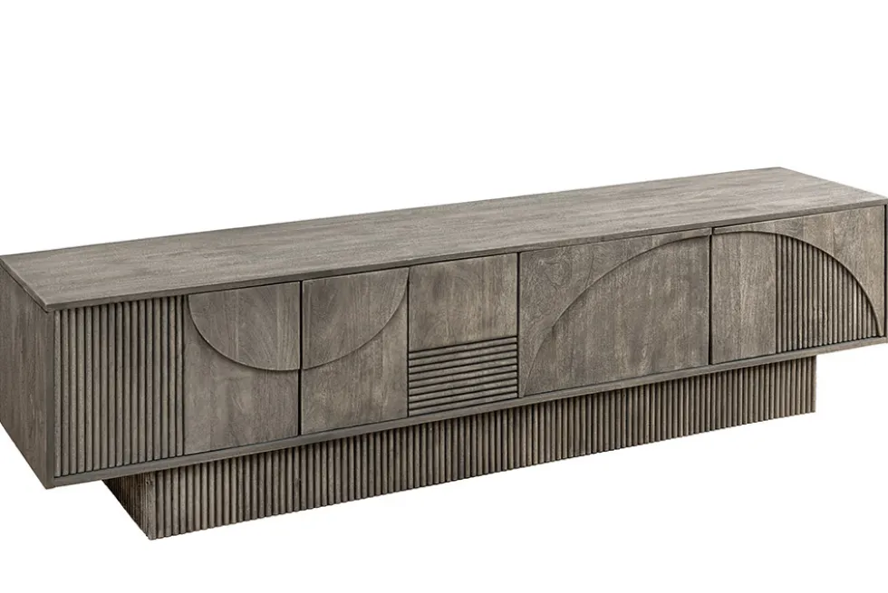 Massivholz TV-Lowboard ART DECO 200cm grau smoked Mangoholz 3D-Front