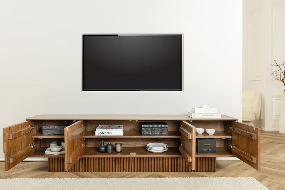 Massivholz TV-Lowboard ART DECO 200cm braun smoked Mangoholz 3D-Front