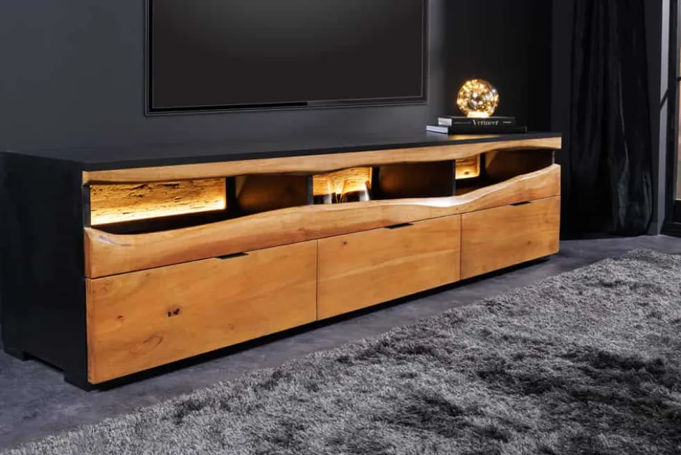 Massivholz TV-Lowboard GRAND ACACIA 180cm braun Akazie mit LED-Beleuchtung Baumkante