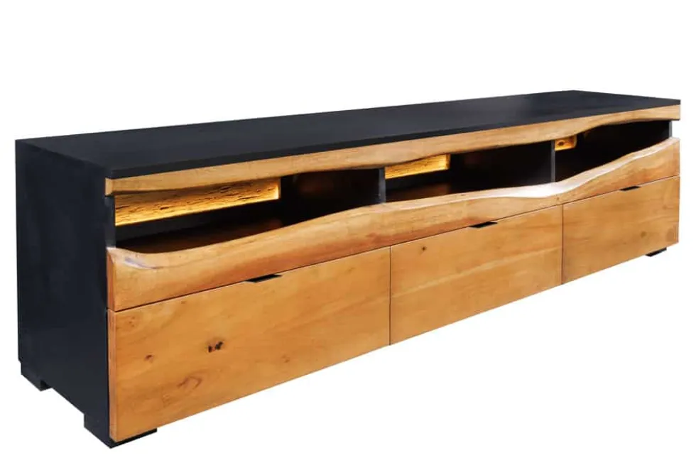 Massivholz TV-Lowboard GRAND ACACIA 180cm braun Akazie mit LED-Beleuchtung Baumkante