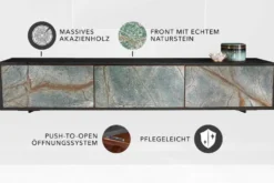 Massivholz TV Lowboard MOUNTAIN SOUL 160cm schwarz hängend echter Naturstein Akazie