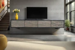 Massivholz TV-Lowboard MOUNTAIN SOUL 200cm Akazie grün bronze hängend Naturstein schwarz