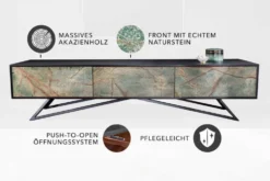 Massivholz TV Lowboard MOUNTAIN SOUL 200cm echter Naturstein Akazie schwarz hängend / stehend