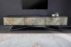 Massivholz TV Lowboard MOUNTAIN SOUL 200cm echter Naturstein Akazie schwarz hängend / stehend