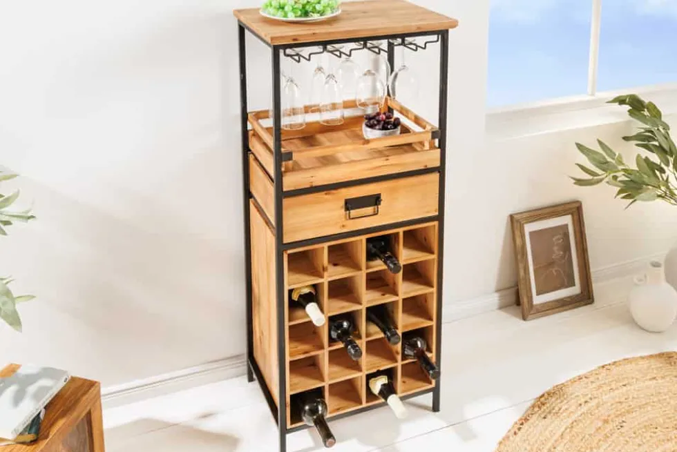 Massivholz Weinregal SEVENS SEAS 120cm natur Pinienholz schwarz Metall Flaschenregal