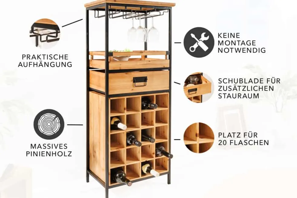 Massivholz Weinregal SEVENS SEAS 120cm natur Pinienholz schwarz Metall Flaschenregal